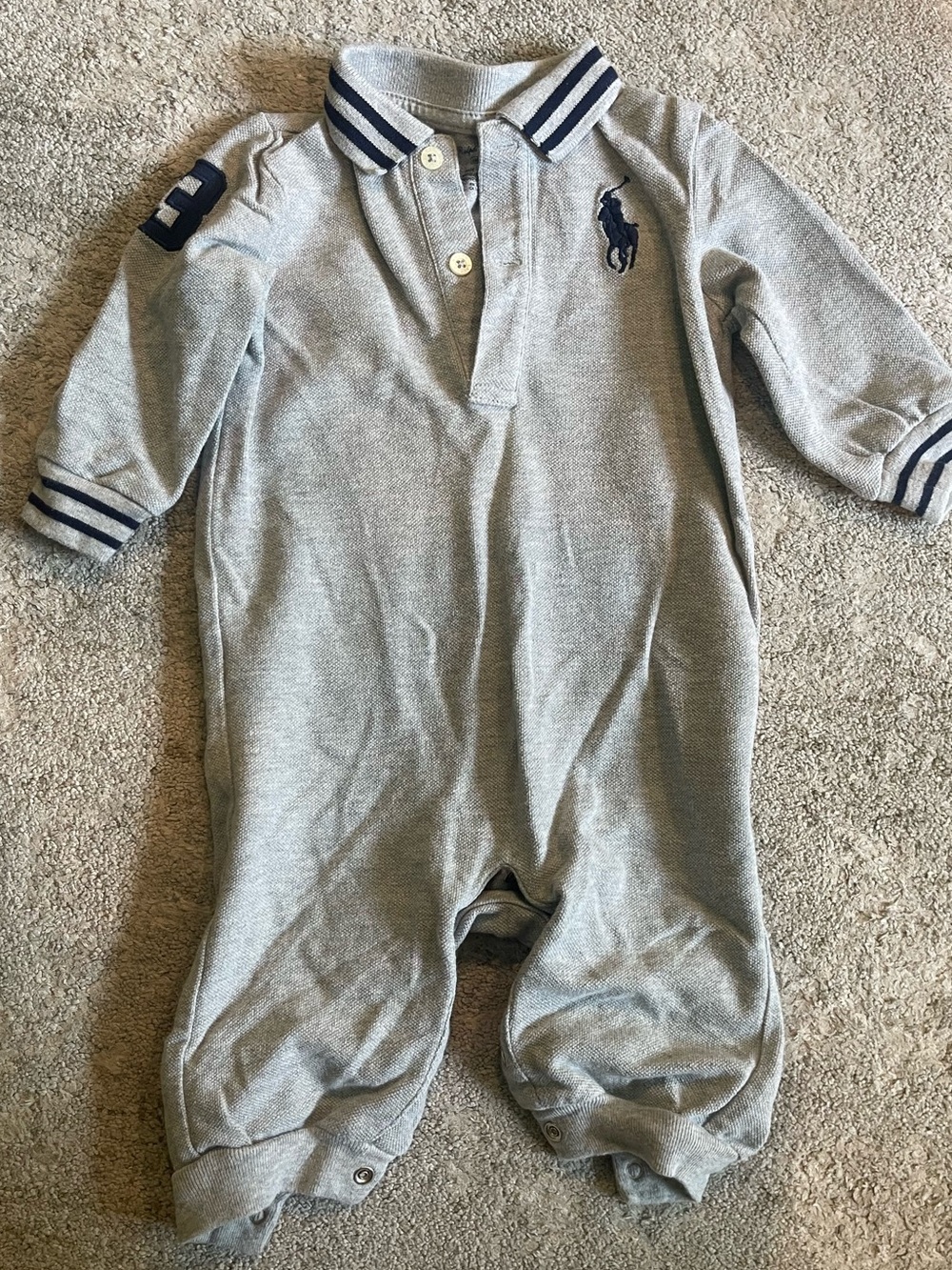 Ralph Lauren Gray Polo Collar One-Piece with Navy Trim